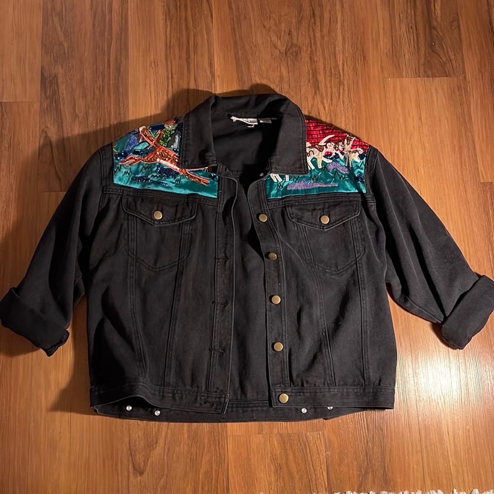 Vintage Cedars Denim Black Jacket with Design; Size M
